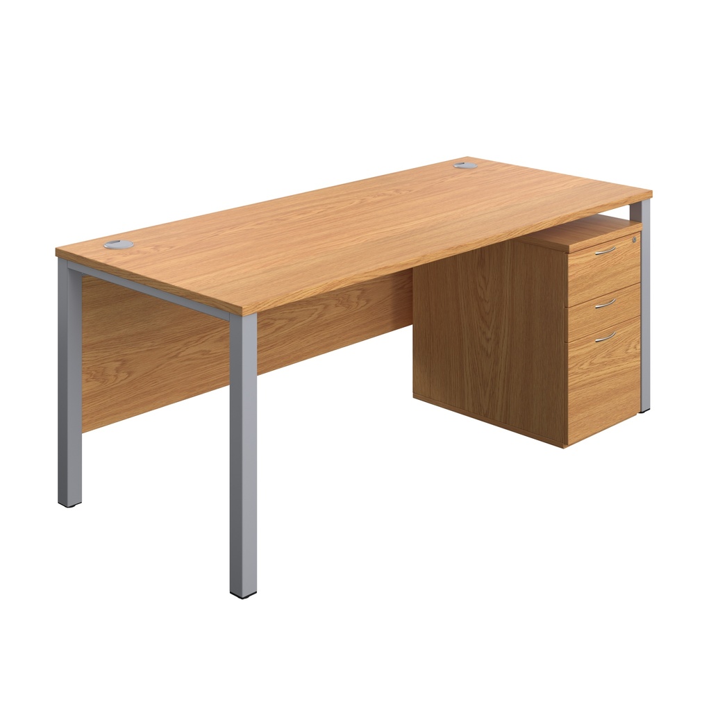 Goal Post Rectangular Desk + 3 Drawer High Mobile Pedestal (FSC) | 1800x800 | Nova oak/Silver | 