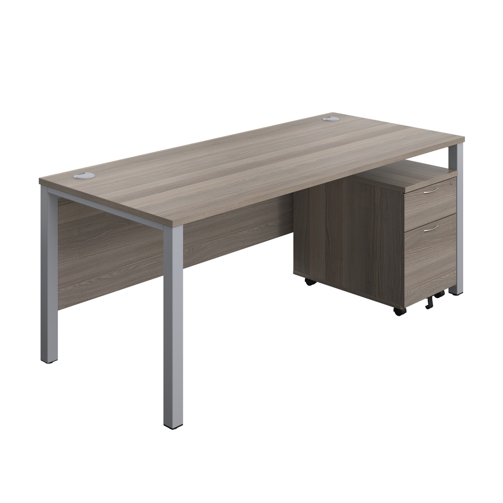 Goal Post Rectangular Desk + 2 Drawer Mobile Pedestal (FSC) | 1800x800 | Grey oak/Silver | 