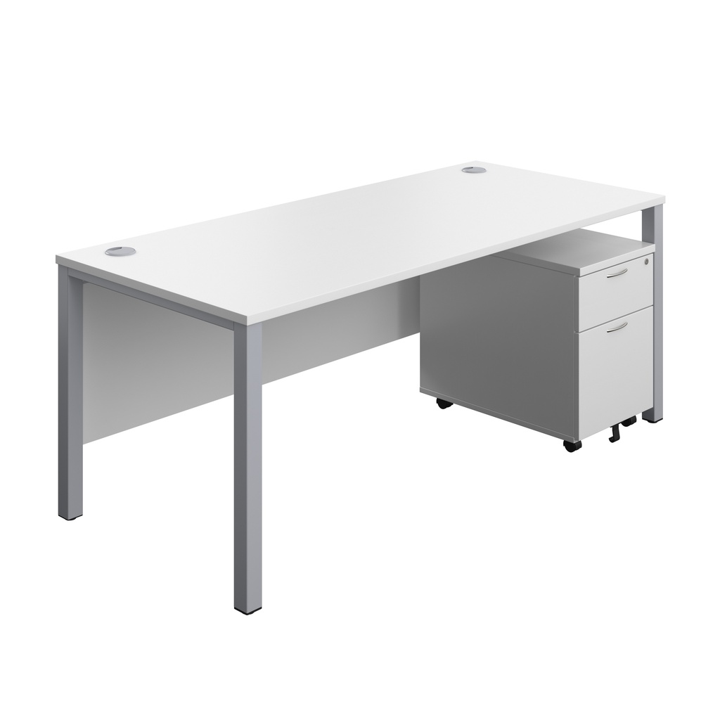 Goal Post Rectangular Desk + 2 Drawer Mobile Pedestal (FSC) | 1800x800 | White/Silver | 