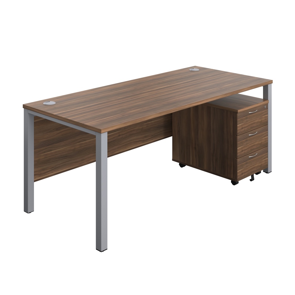 Goal Post Rectangular Desk + 3 Drawer Mobile Pedestal (FSC) | 1800x800 | Dark Walnut/Silver | 