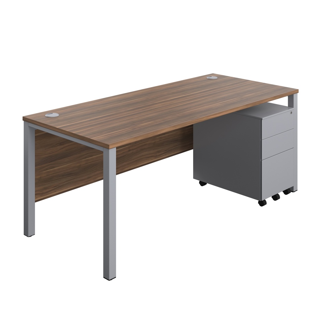 Goal Post Rectangular Desk + 3 Drawer Steel Pedestal (FSC) | 1800x800 | Dark Walnut/Silver | 