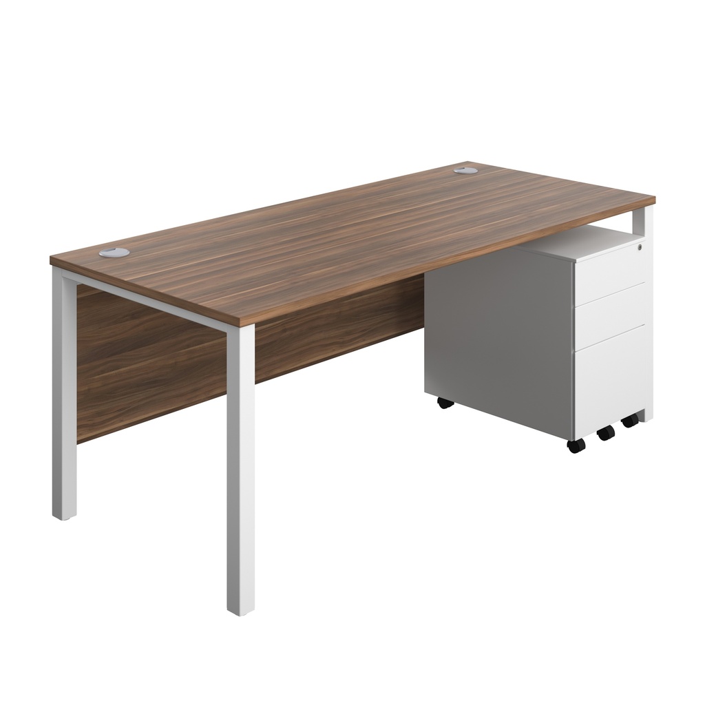 Goal Post Rectangular Desk + 3 Drawer Steel Pedestal (FSC) | 1800x800 | Dark walnut/White | 