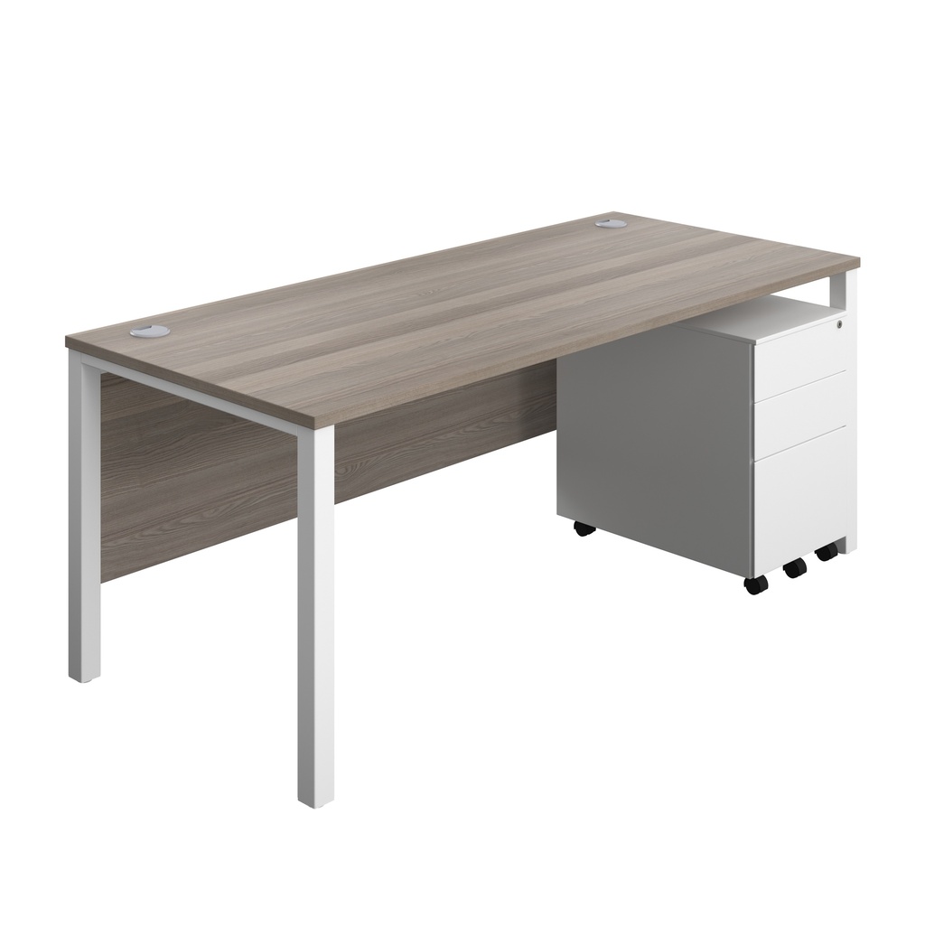 Goal Post Rectangular Desk + 3 Drawer Steel Pedestal (FSC) | 1800x800 | Grey oak/White | 