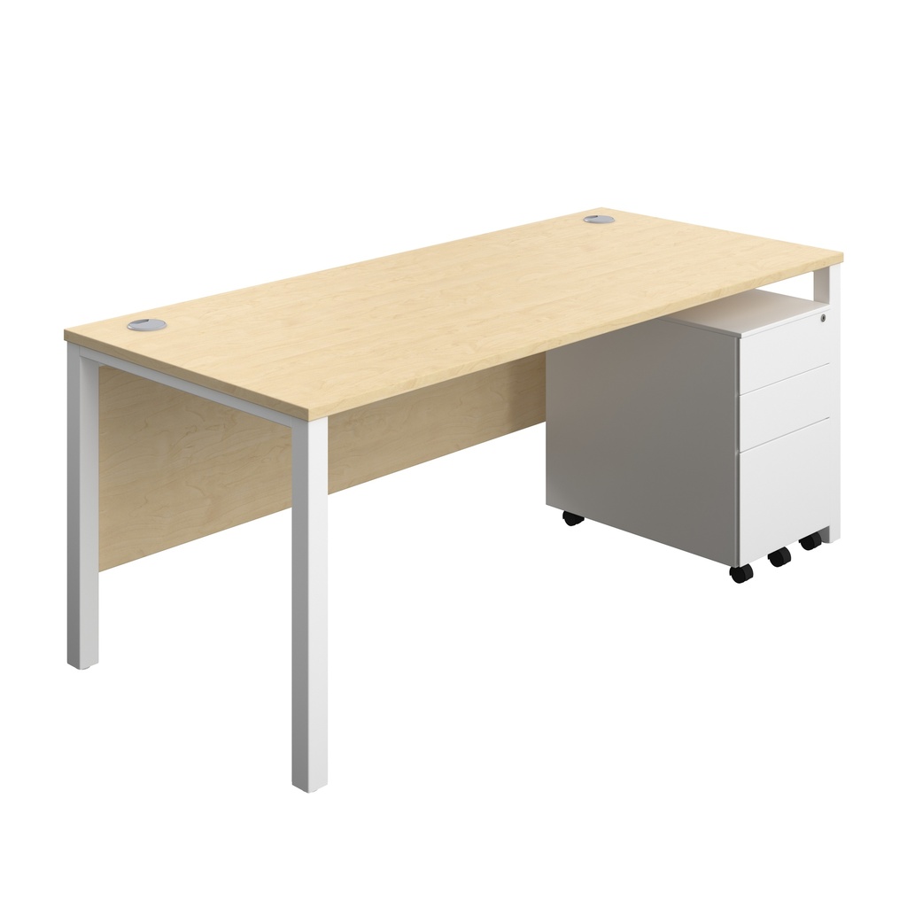 Goal Post Rectangular Desk + 3 Drawer Steel Pedestal (FSC) | 1800x800 | Maple/White | 