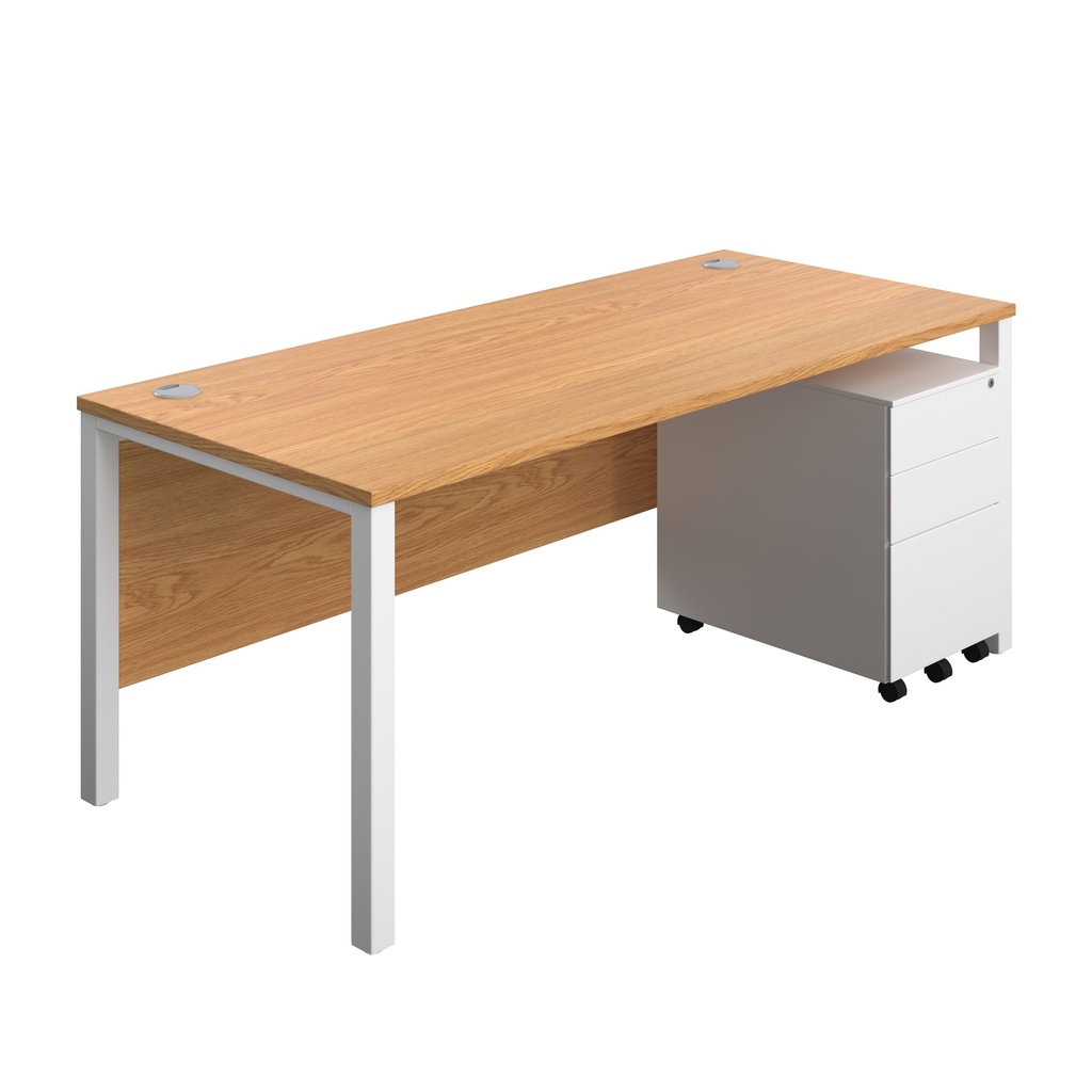 Goal Post Rectangular Desk + 3 Drawer Steel Pedestal (FSC) | 1800x800 | Nova oak/White | 