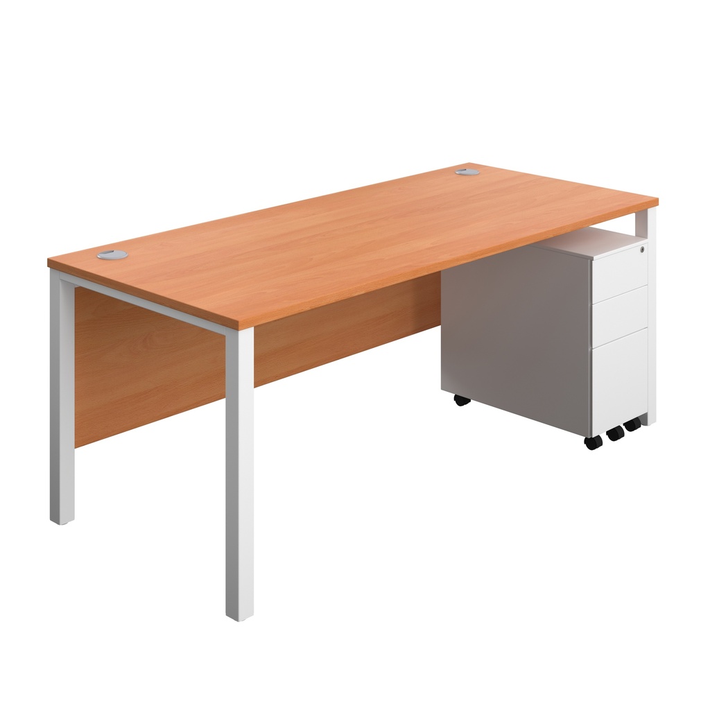 Goal Post Rectangular Desk + 3 Drawer Slimline Steel Pedestal (FSC) | 1800x800 | Beech/White | 