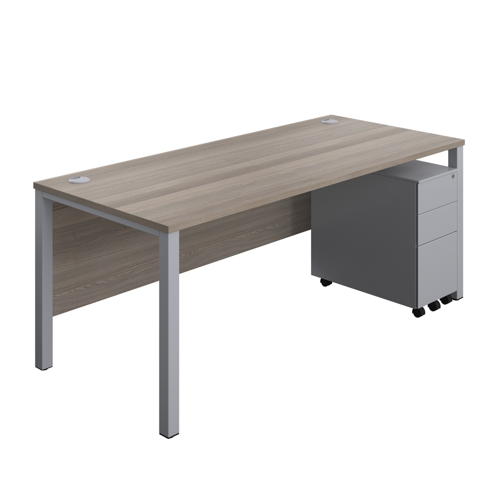 Goal Post Rectangular Desk + 3 Drawer Slimline Steel Pedestal (FSC) | 1800x800 | Grey oak/Silver | 