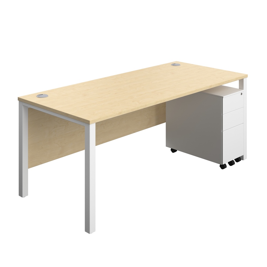 Goal Post Rectangular Desk + 3 Drawer Slimline Steel Pedestal (FSC) | 1800x800 | Maple/White | 