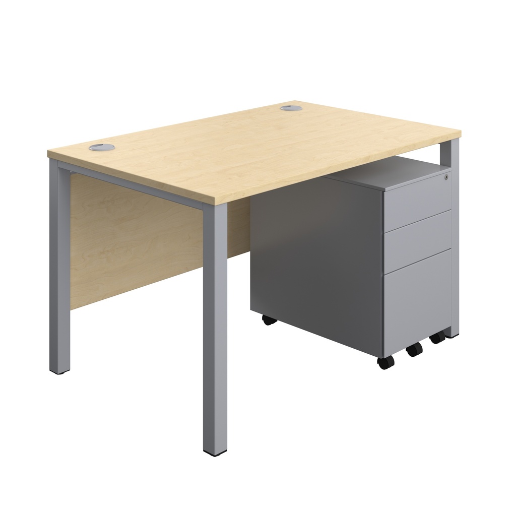 Goal Post Rectangular Desk + 3 Drawer Steel Pedestal (FSC) | 1200x800 | Maple/Silver | 