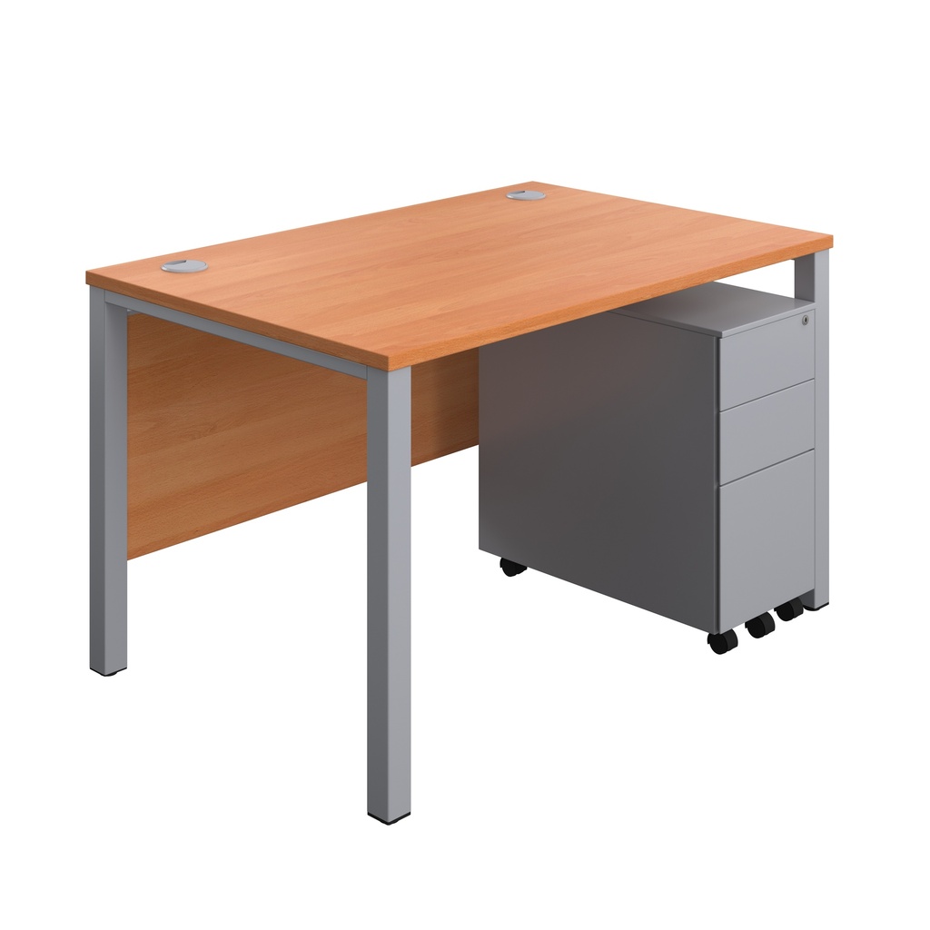 Goal Post Rectangular Desk + 3 Drawer Slimline Steel Pedestal (FSC) | 1200x800 | Beech/Silver | 