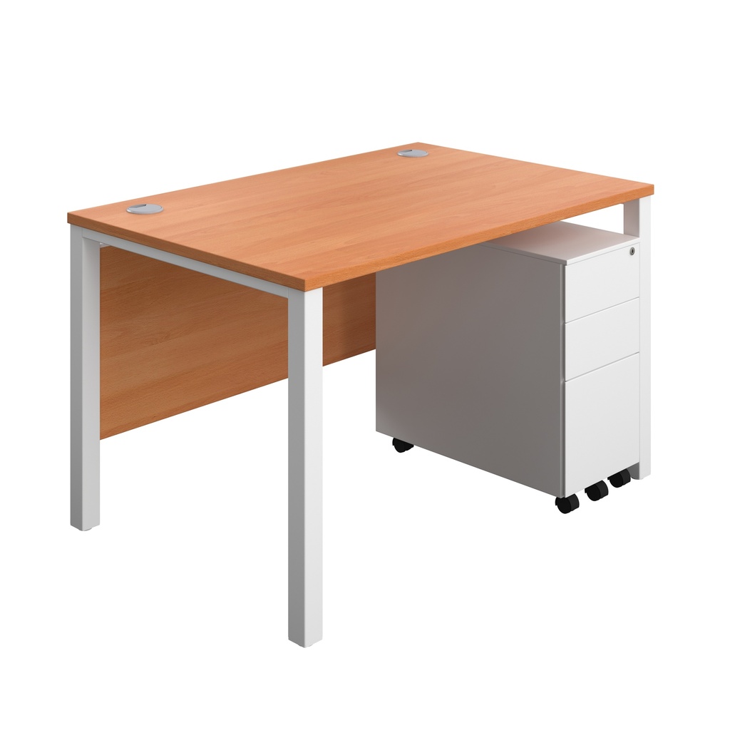 Goal Post Rectangular Desk + 3 Drawer Slimline Steel Pedestal (FSC) | 1200x800 | Beech/White | 