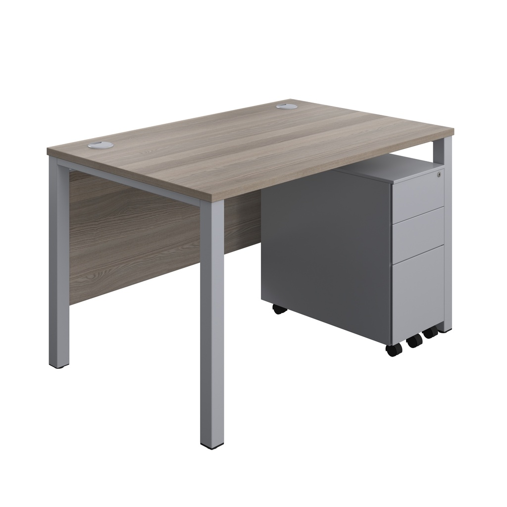 Goal Post Rectangular Desk + 3 Drawer Slimline Steel Pedestal (FSC) | 1200x800 | Grey oak/Silver | 