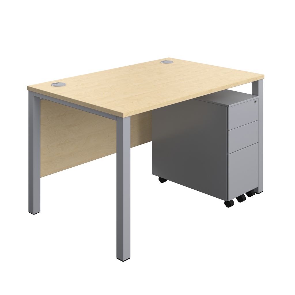 Goal Post Rectangular Desk + 3 Drawer Slimline Steel Pedestal (FSC) | 1200x800 | Maple/Silver | 