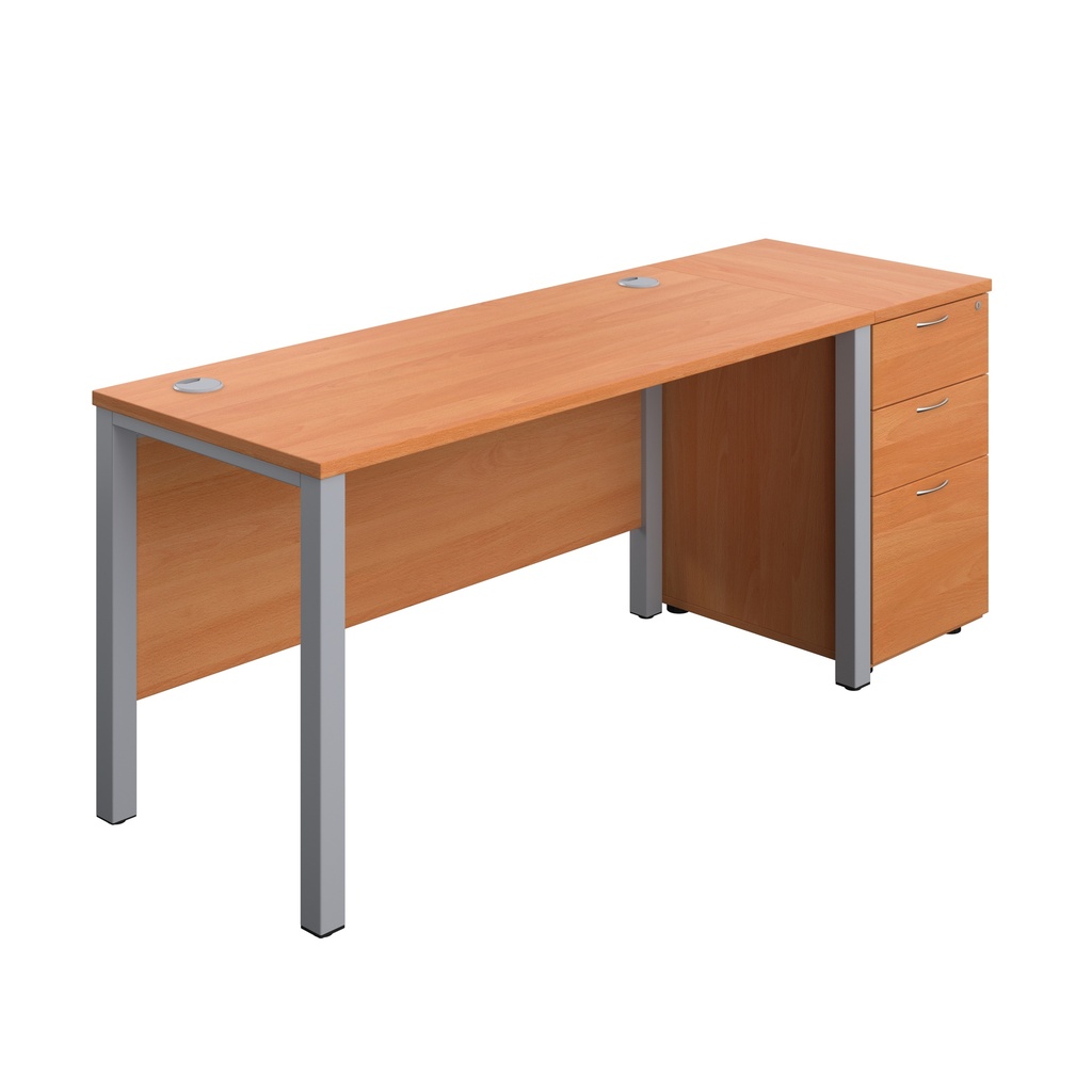 Goal Post Rectangular Desk + 3 Drawer Desk High Pedestal (FSC) | 1400x600 | Beech/Silver | 