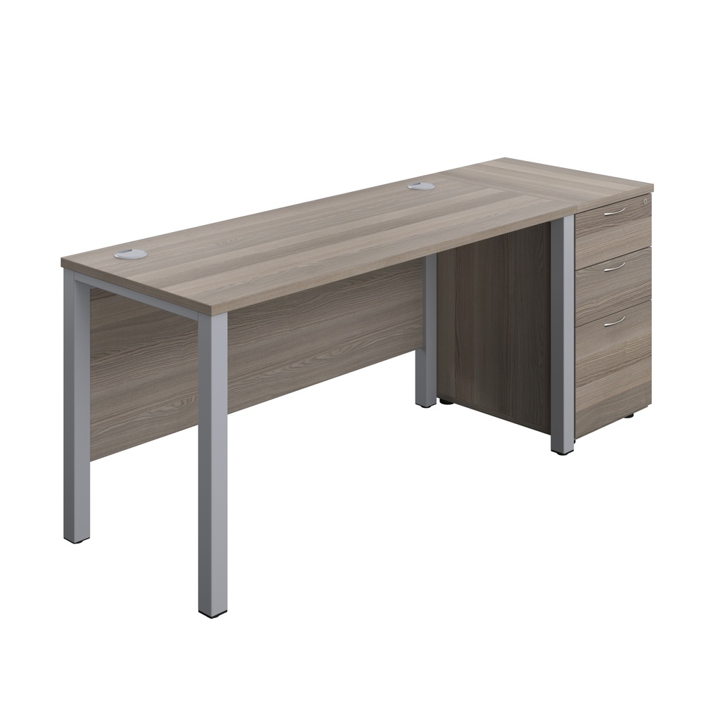 Goal Post Rectangular Desk + 3 Drawer Desk High Pedestal (FSC) | 1400x600 | Grey oak/Silver | 