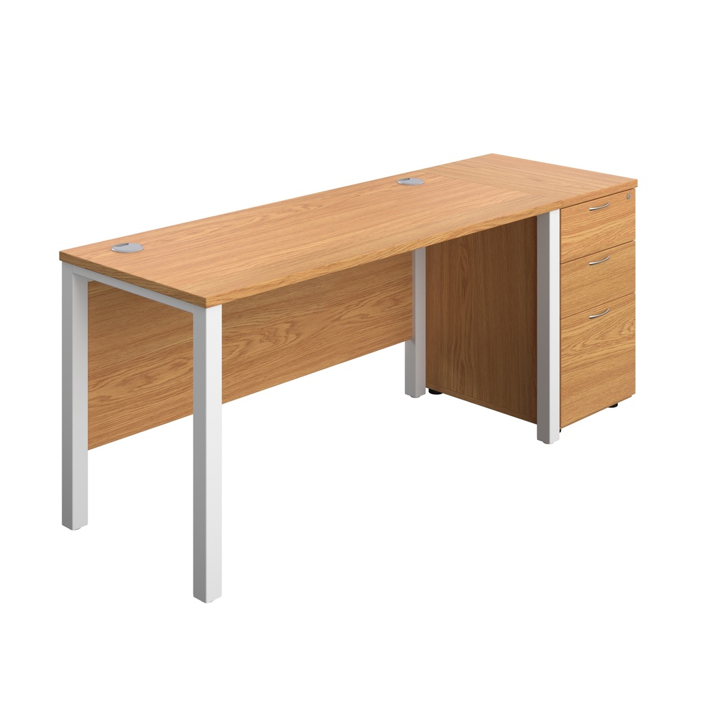 Goal Post Rectangular Desk + 3 Drawer Desk High Pedestal (FSC) | 1400x600 | Nova oak/White | 