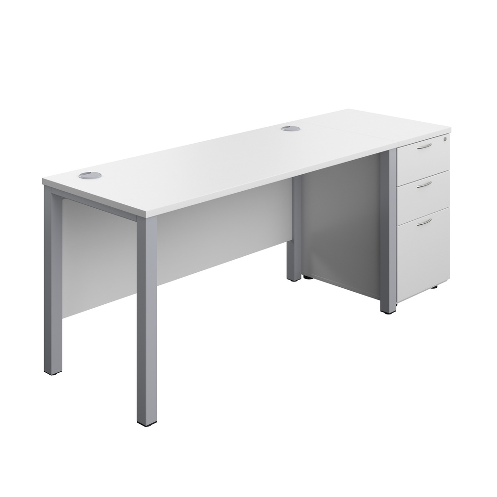 Goal Post Rectangular Desk + 3 Drawer Desk High Pedestal (FSC) | 1400x600 | White/Silver | 