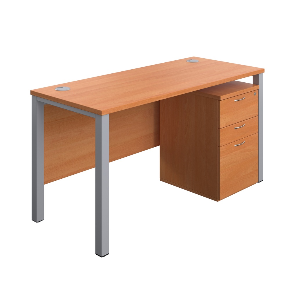 Goal Post Rectangular Desk + 3 Drawer High Mobile Pedestal (FSC) | 1400x600 | Beech/Silver | 