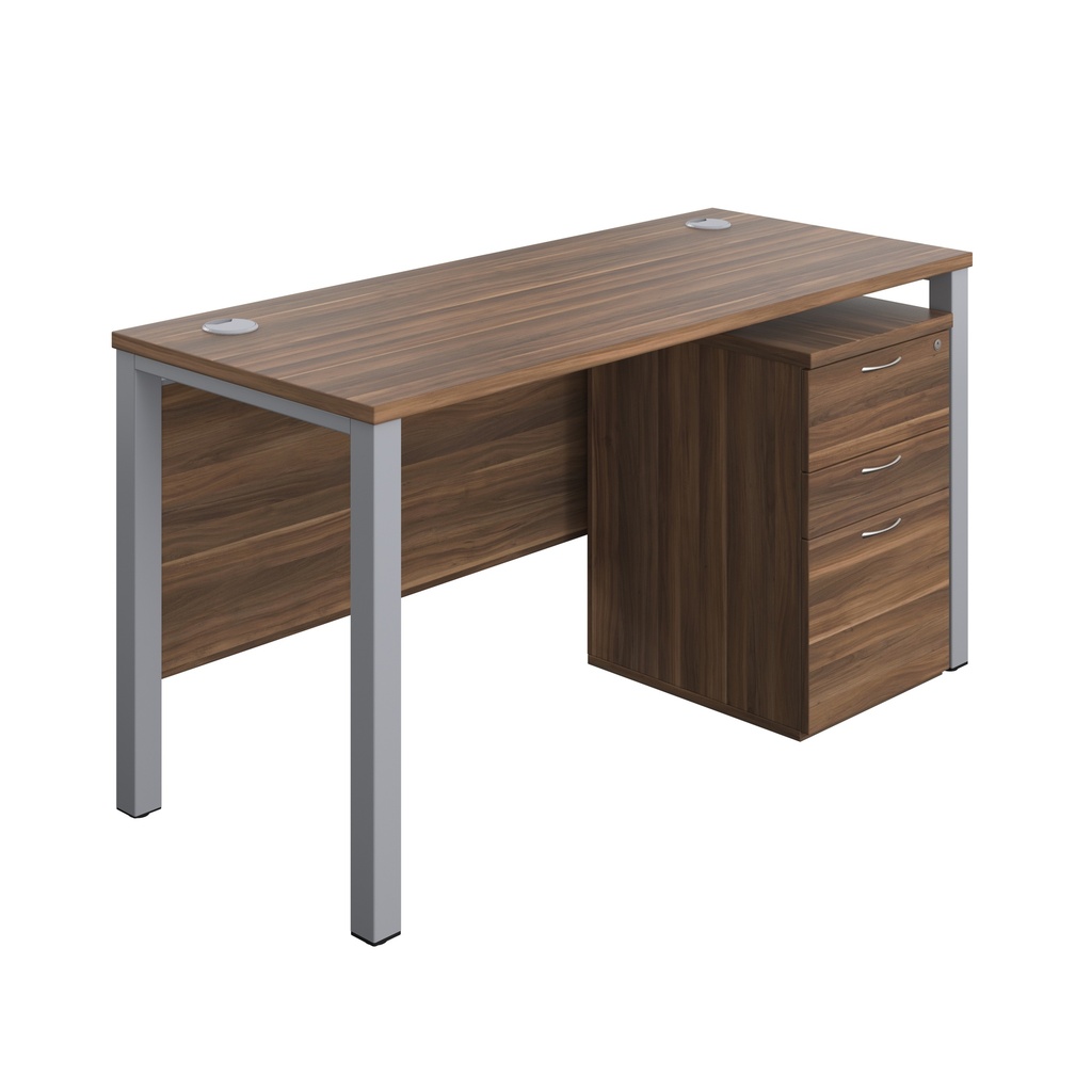 Goal Post Rectangular Desk + 3 Drawer High Mobile Pedestal (FSC) | 1400x600 | Dark Walnut/Silver | 