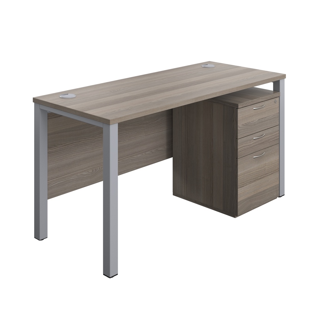 Goal Post Rectangular Desk + 3 Drawer High Mobile Pedestal (FSC) | 1400x600 | Grey oak/Silver | 