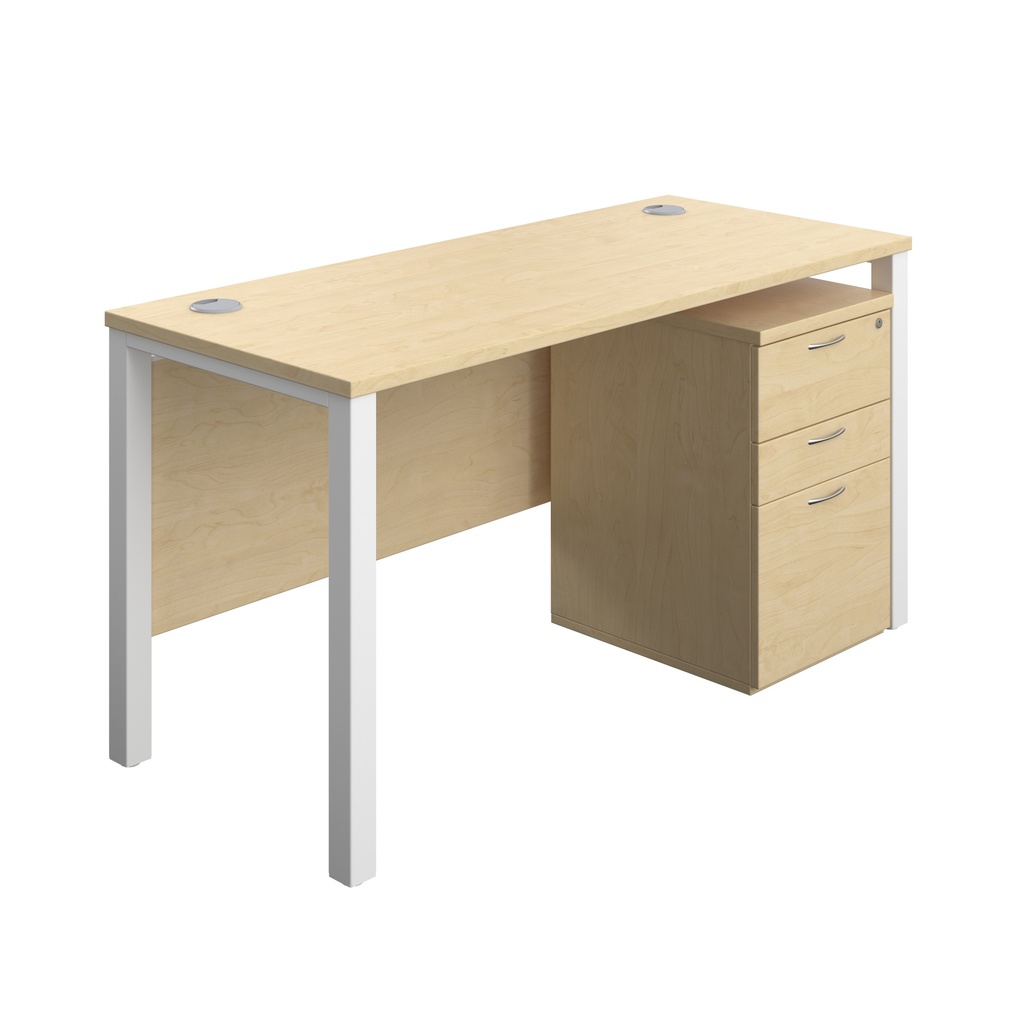 Goal Post Rectangular Desk + 3 Drawer High Mobile Pedestal (FSC) | 1400x600 | Maple/White | 