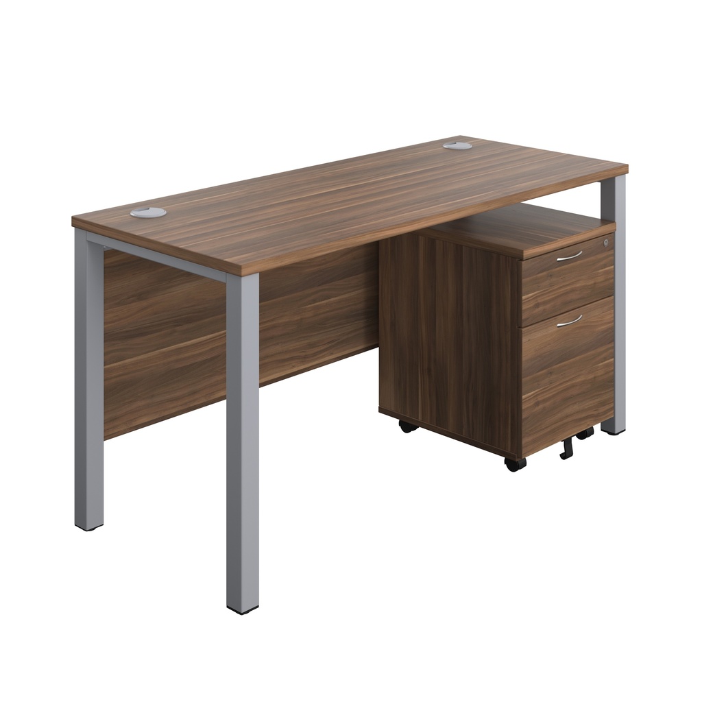 Goal Post Rectangular Desk + 2 Drawer Mobile Pedestal (FSC) | 1400x600 | Dark Walnut/Silver | 