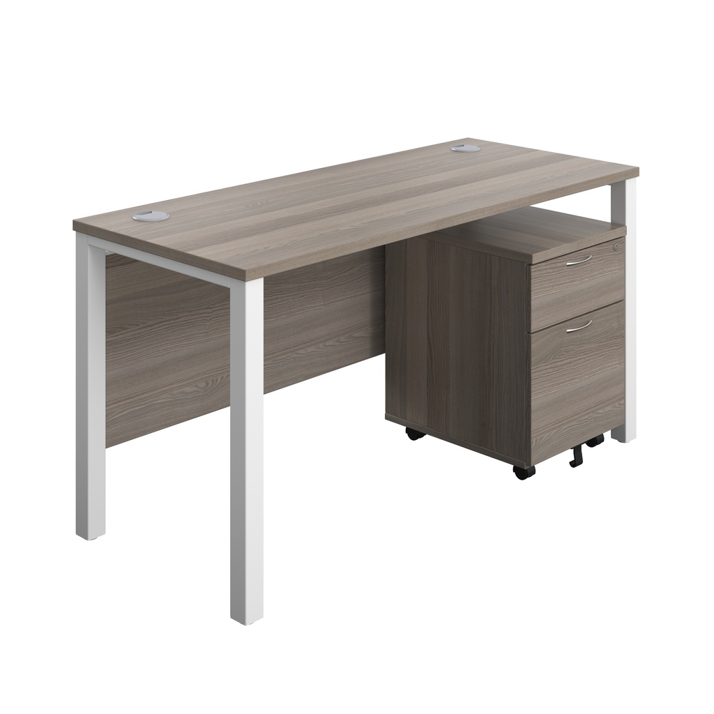 Goal Post Rectangular Desk + 2 Drawer Mobile Pedestal (FSC) | 1400x600 | Grey oak/White | 