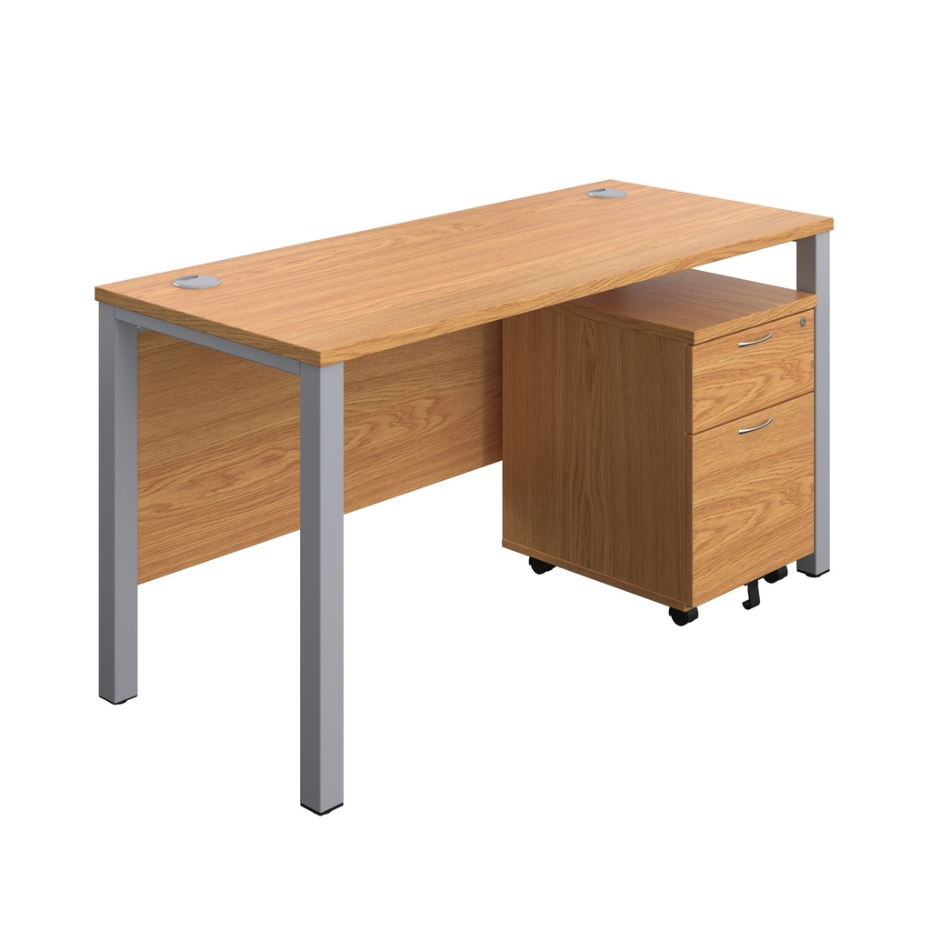 Goal Post Rectangular Desk + 2 Drawer Mobile Pedestal (FSC) | 1400x600 | Nova oak/Silver | 