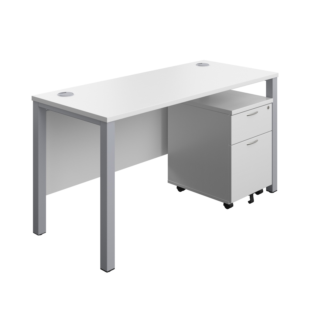 Goal Post Rectangular Desk + 2 Drawer Mobile Pedestal (FSC) | 1400x600 | White/Silver | 