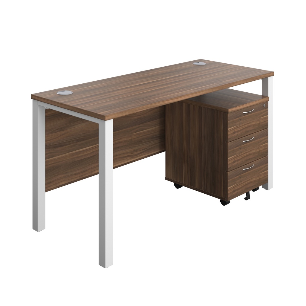 Goal Post Rectangular Desk + 3 Drawer Mobile Pedestal (FSC) | 1400x600 | Dark walnut/White | 