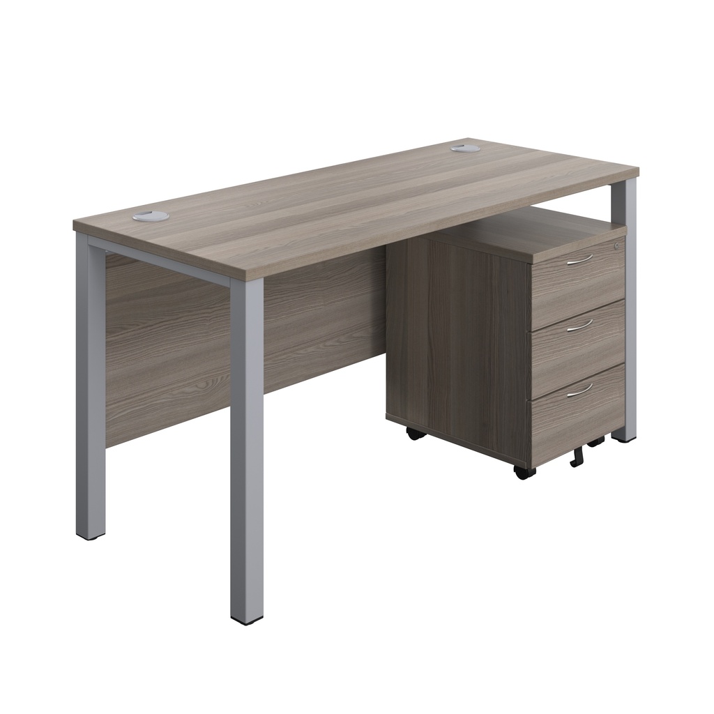 Goal Post Rectangular Desk + 3 Drawer Mobile Pedestal (FSC) | 1400x600 | Grey oak/Silver | 