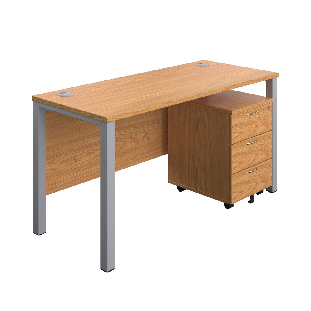 Goal Post Rectangular Desk + 3 Drawer Mobile Pedestal (FSC) | 1400x600 | Nova oak/Silver | 