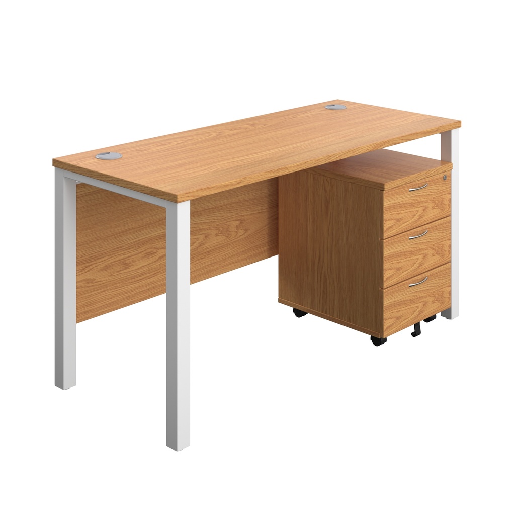 Goal Post Rectangular Desk + 3 Drawer Mobile Pedestal (FSC) | 1400x600 | Nova oak/White | 