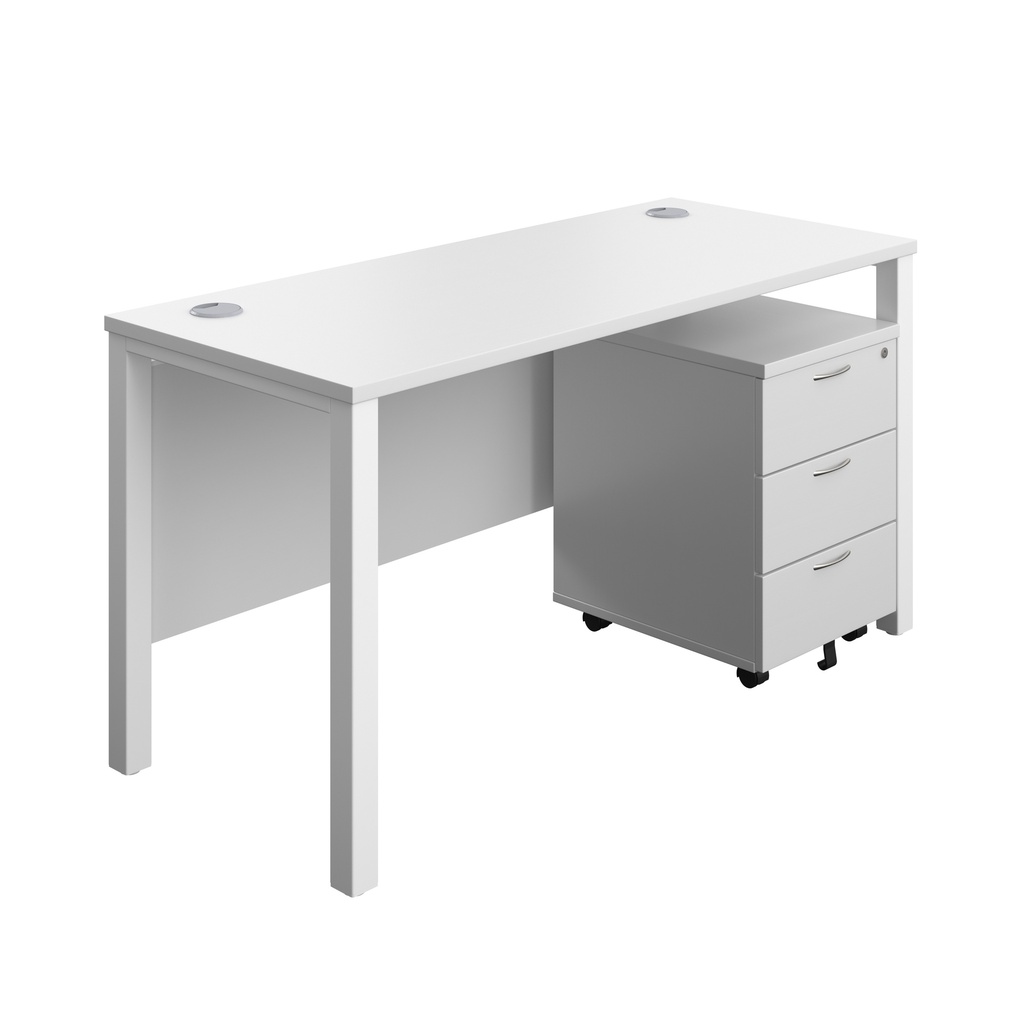 Goal Post Rectangular Desk + 3 Drawer Mobile Pedestal (FSC) | 1400x600 | White/White | 