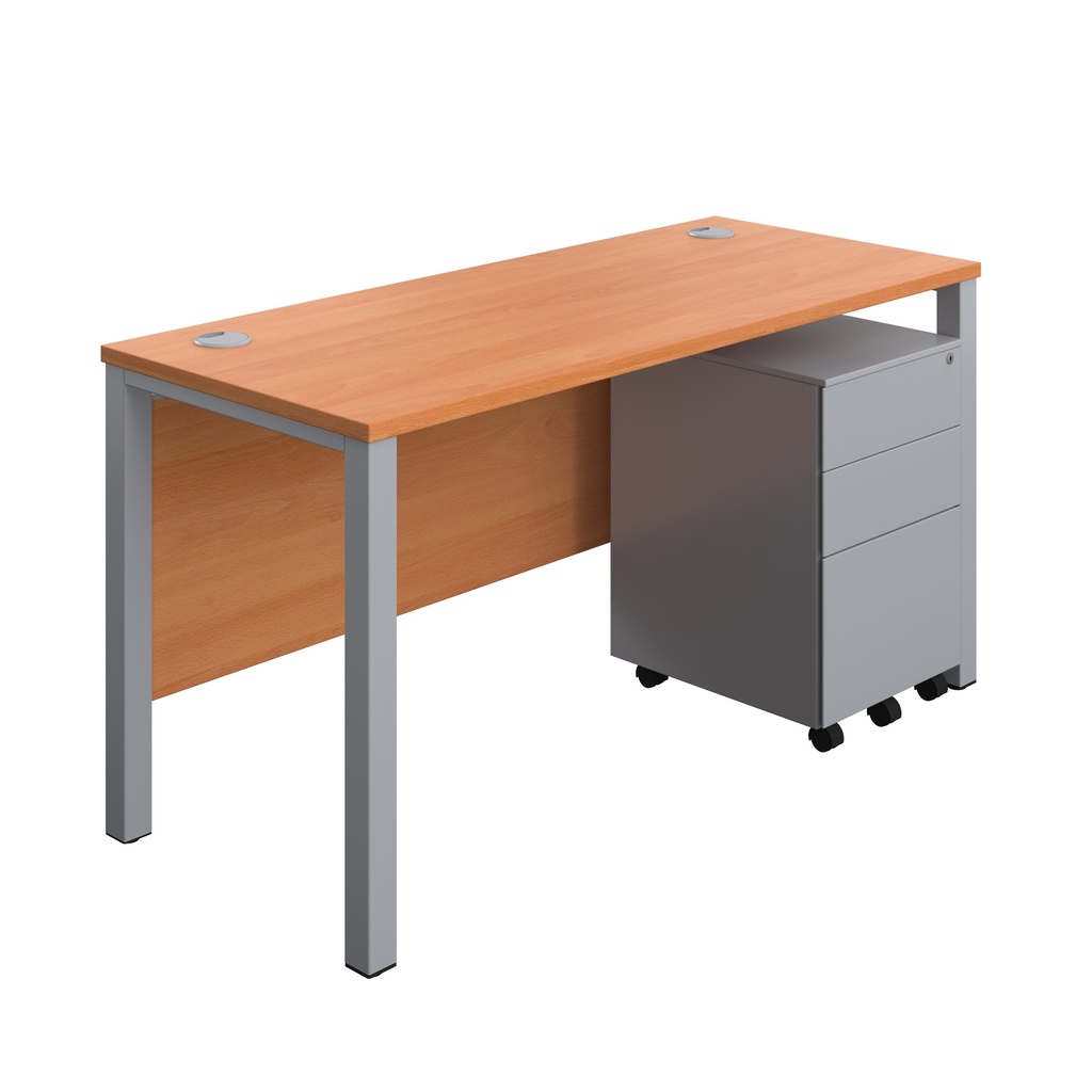 Goal Post Rectangular Desk + 3 Drawer Steel Pedestal (FSC) | 1400x600 | Beech/Silver | 