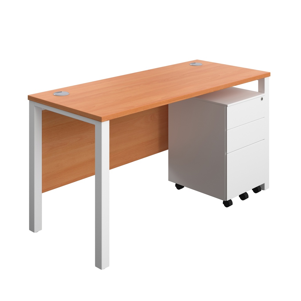 Goal Post Rectangular Desk + 3 Drawer Steel Pedestal (FSC) | 1400x600 | Beech/White | 