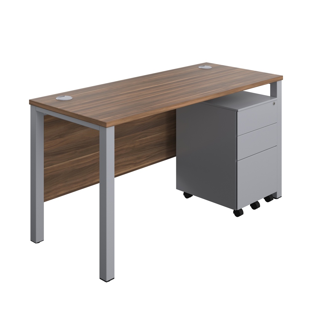 Goal Post Rectangular Desk + 3 Drawer Steel Pedestal (FSC) | 1400x600 | Dark Walnut/Silver | 