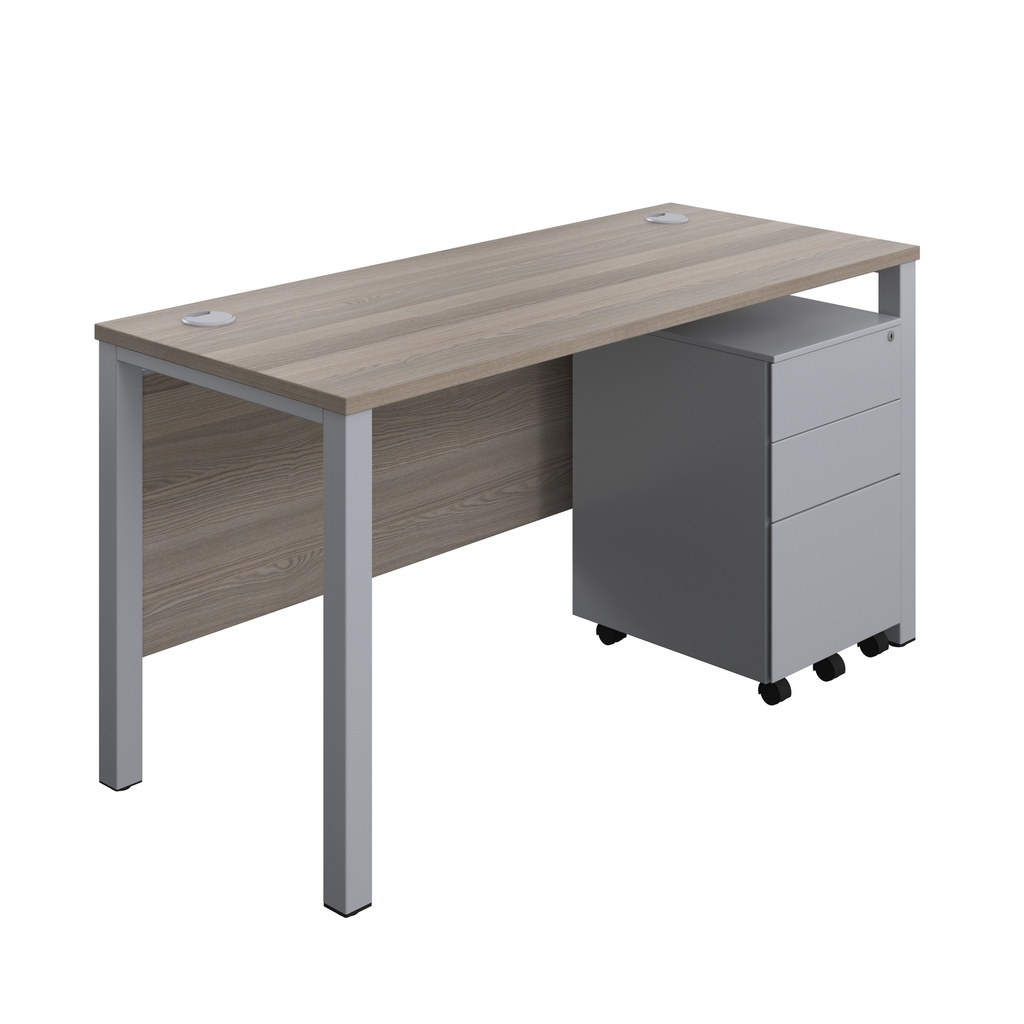 Goal Post Rectangular Desk + 3 Drawer Steel Pedestal (FSC) | 1400x600 | Grey oak/Silver | 