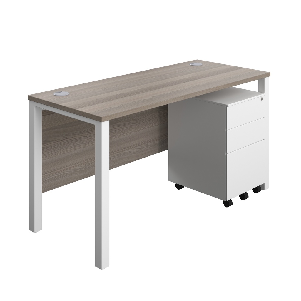 Goal Post Rectangular Desk + 3 Drawer Steel Pedestal (FSC) | 1400x600 | Grey oak/White | 