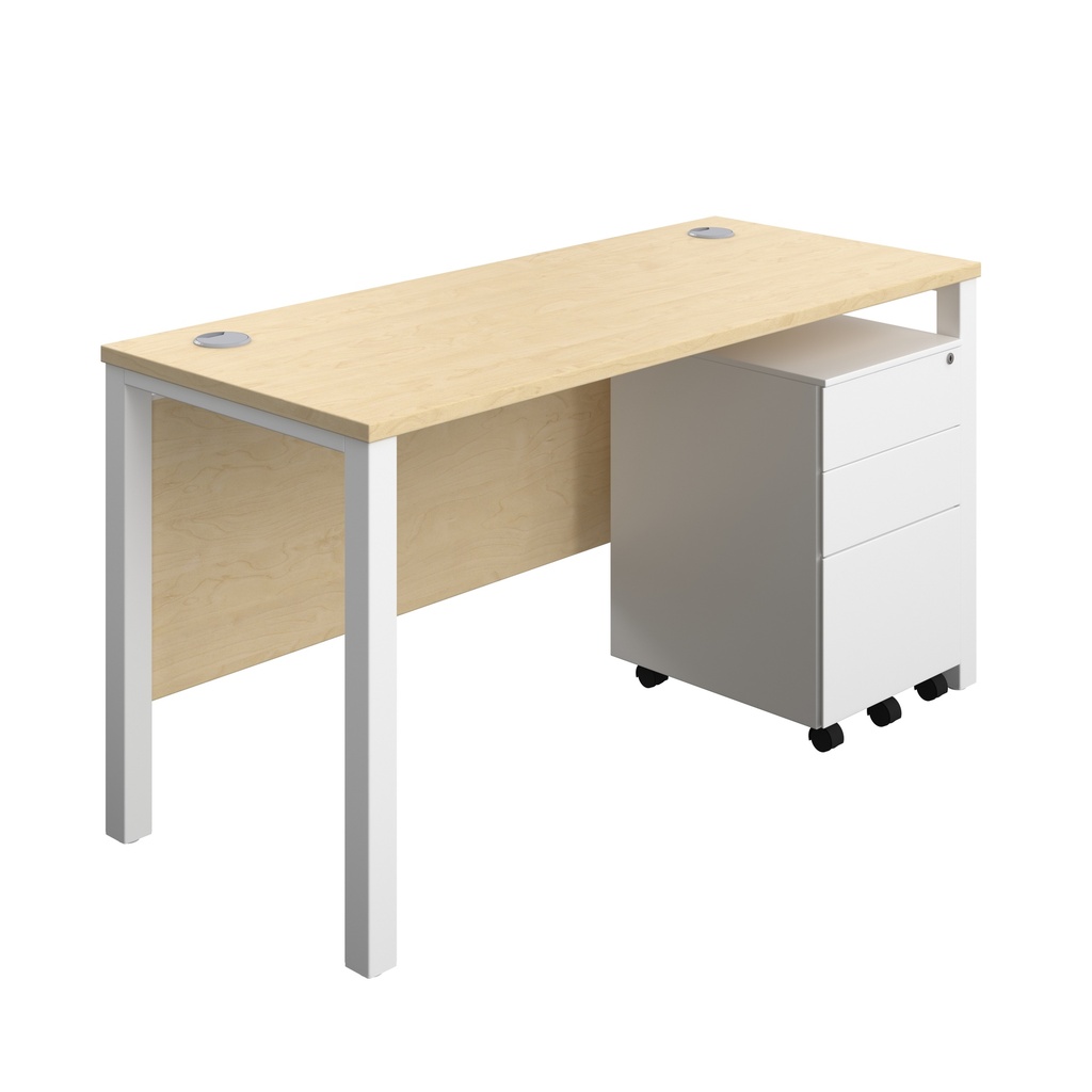 Goal Post Rectangular Desk + 3 Drawer Steel Pedestal (FSC) | 1400x600 | Maple/White | 