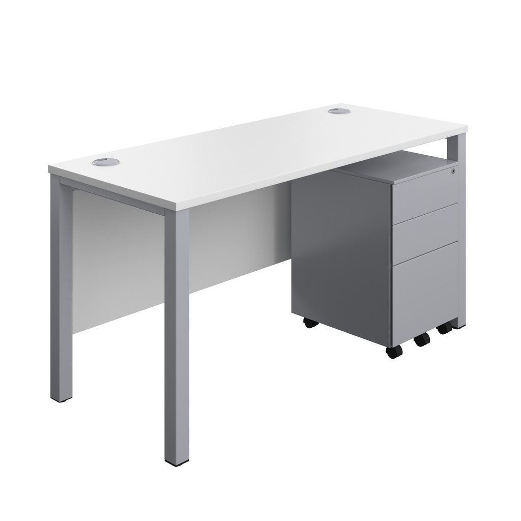 Goal Post Rectangular Desk + 3 Drawer Steel Pedestal (FSC) | 1400x600 | White/Silver | 