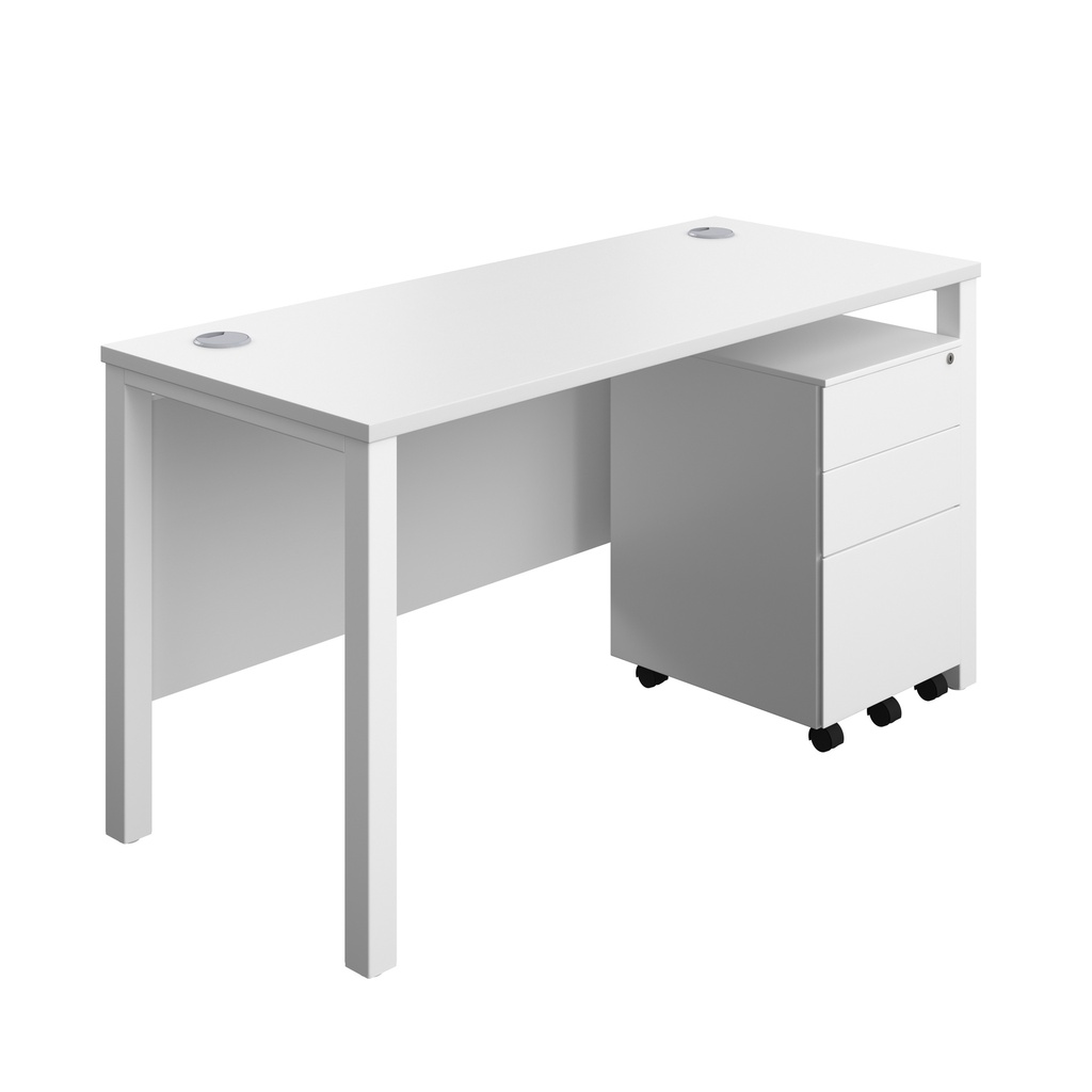 Goal Post Rectangular Desk + 3 Drawer Steel Pedestal (FSC) | 1400x600 | White/White | 