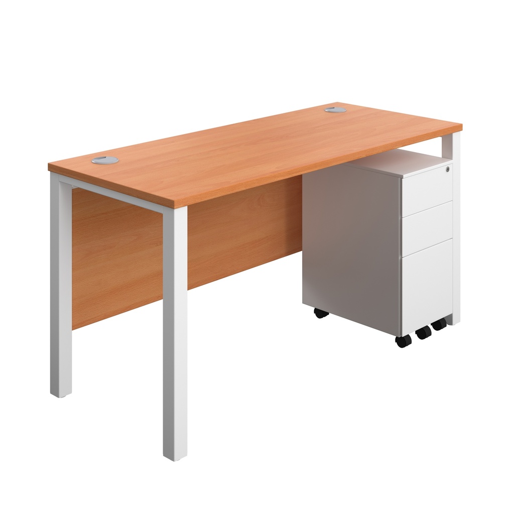 Goal Post Rectangular Desk + 3 Drawer Slimline Steel Pedestal (FSC) | 1400x600 | Beech/White | 