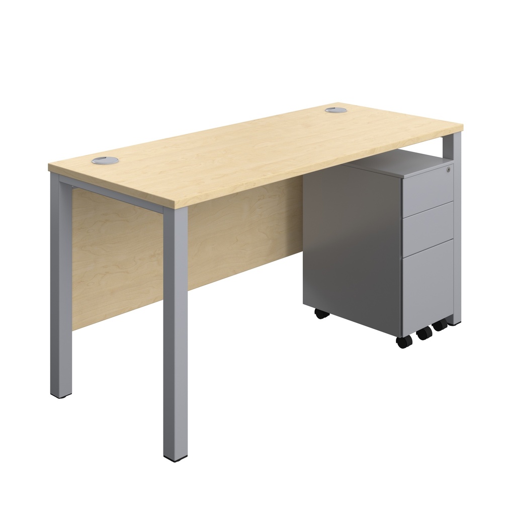 Goal Post Rectangular Desk + 3 Drawer Slimline Steel Pedestal (FSC) | 1400x600 | Maple/Silver | 