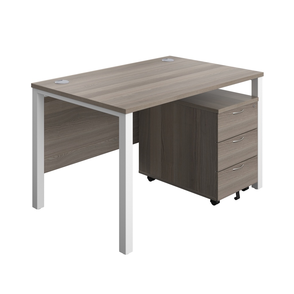 Goal Post Rectangular Desk + 3 Drawer Mobile Pedestal (FSC) | 1200x800 | Grey oak/White | 