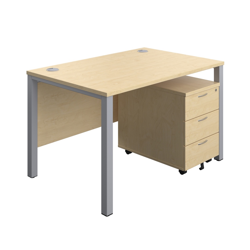 Goal Post Rectangular Desk + 3 Drawer Mobile Pedestal (FSC) | 1200x800 | Maple/Silver | 