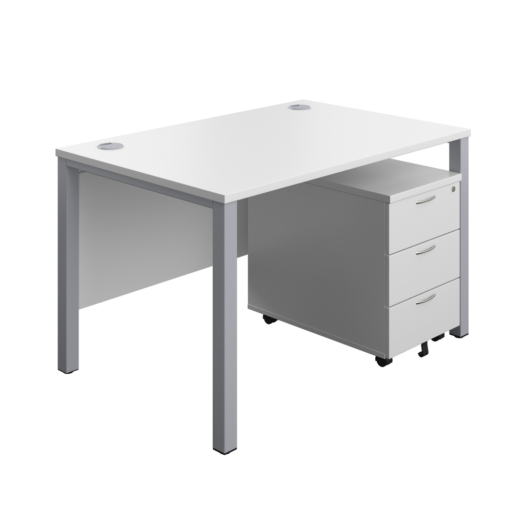 Goal Post Rectangular Desk + 3 Drawer Mobile Pedestal (FSC) | 1200x800 | White/Silver | 