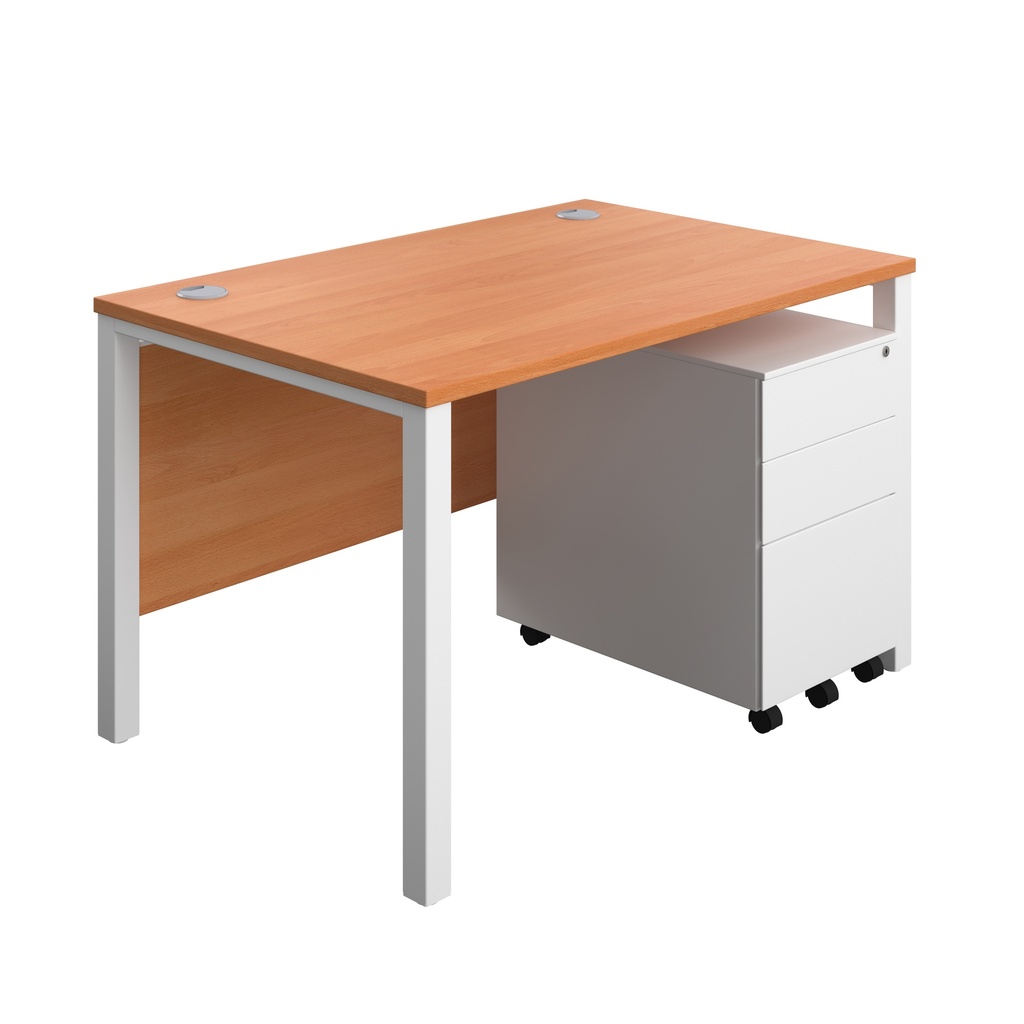 Goal Post Rectangular Desk + 3 Drawer Steel Pedestal (FSC) | 1200x800 | Beech/White | 