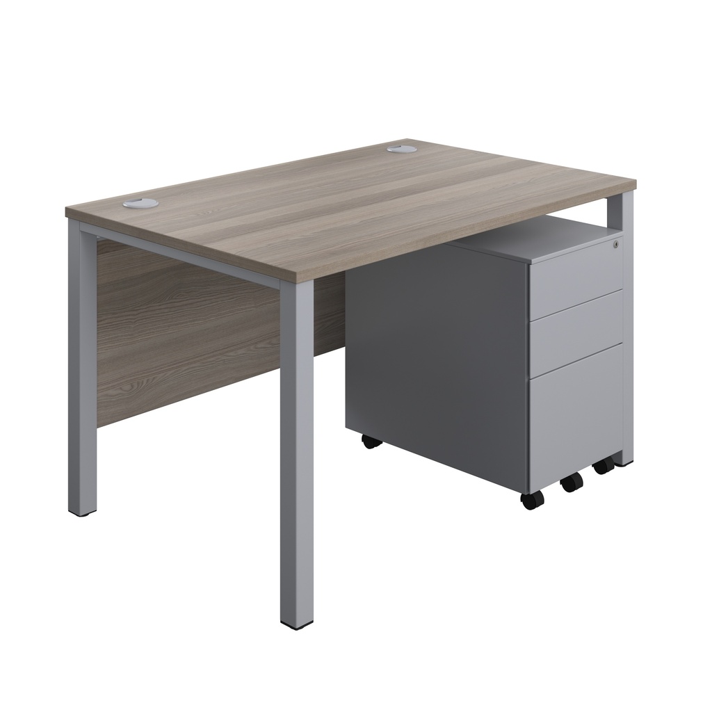 Goal Post Rectangular Desk + 3 Drawer Steel Pedestal (FSC) | 1200x800 | Grey oak/Silver | 