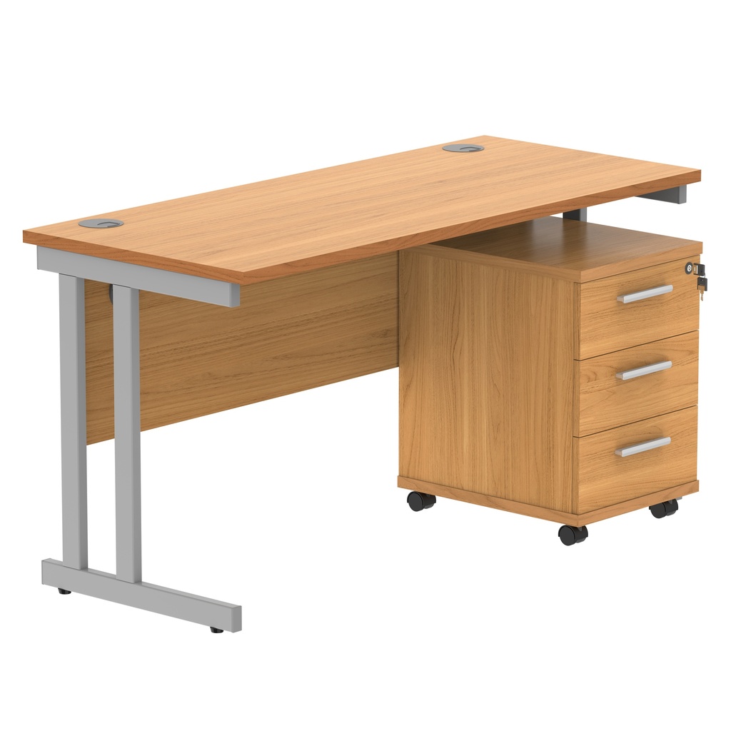 Double Upright Rectangular Desk + 3 Drawer Mobile Under Desk Pedestal (FSC) | 1400X600 | Norwegian Beech/Silver